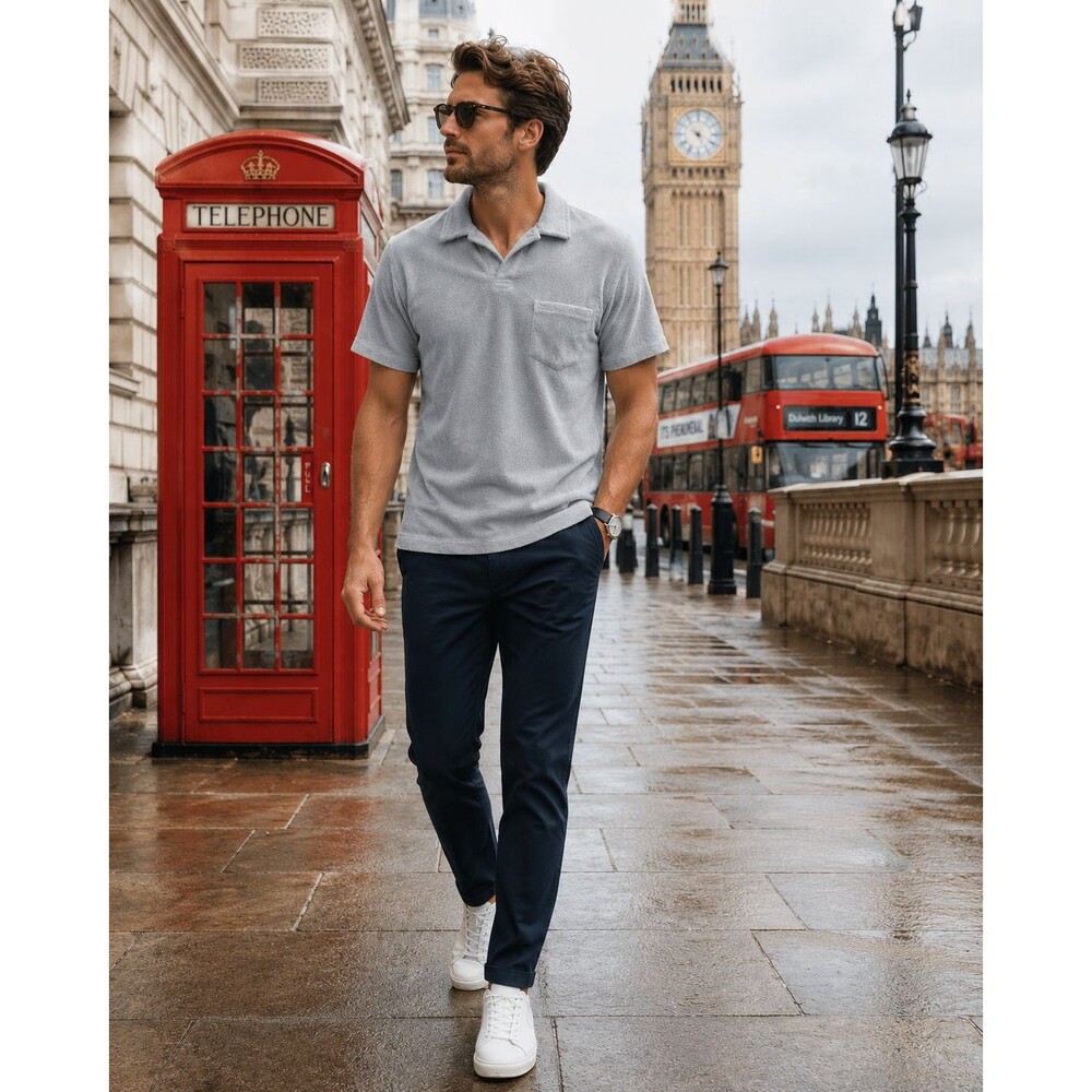 SCOTT JAMES Mens New Polo Shirt MEDIUM Gray Pocket Short Sleeve SJTP100159
